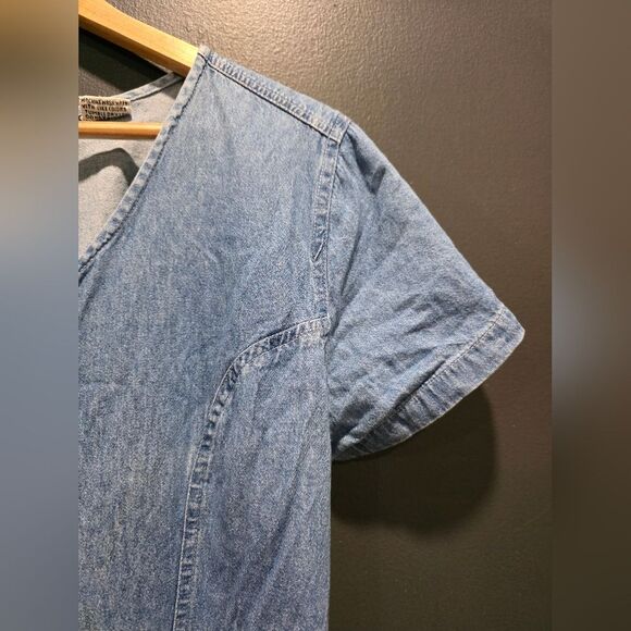 Vintage Cotton Denim Maxi Button Up Maxi dress Sz L Chambray V Neck Short Sleeve - Picture 9 of 13